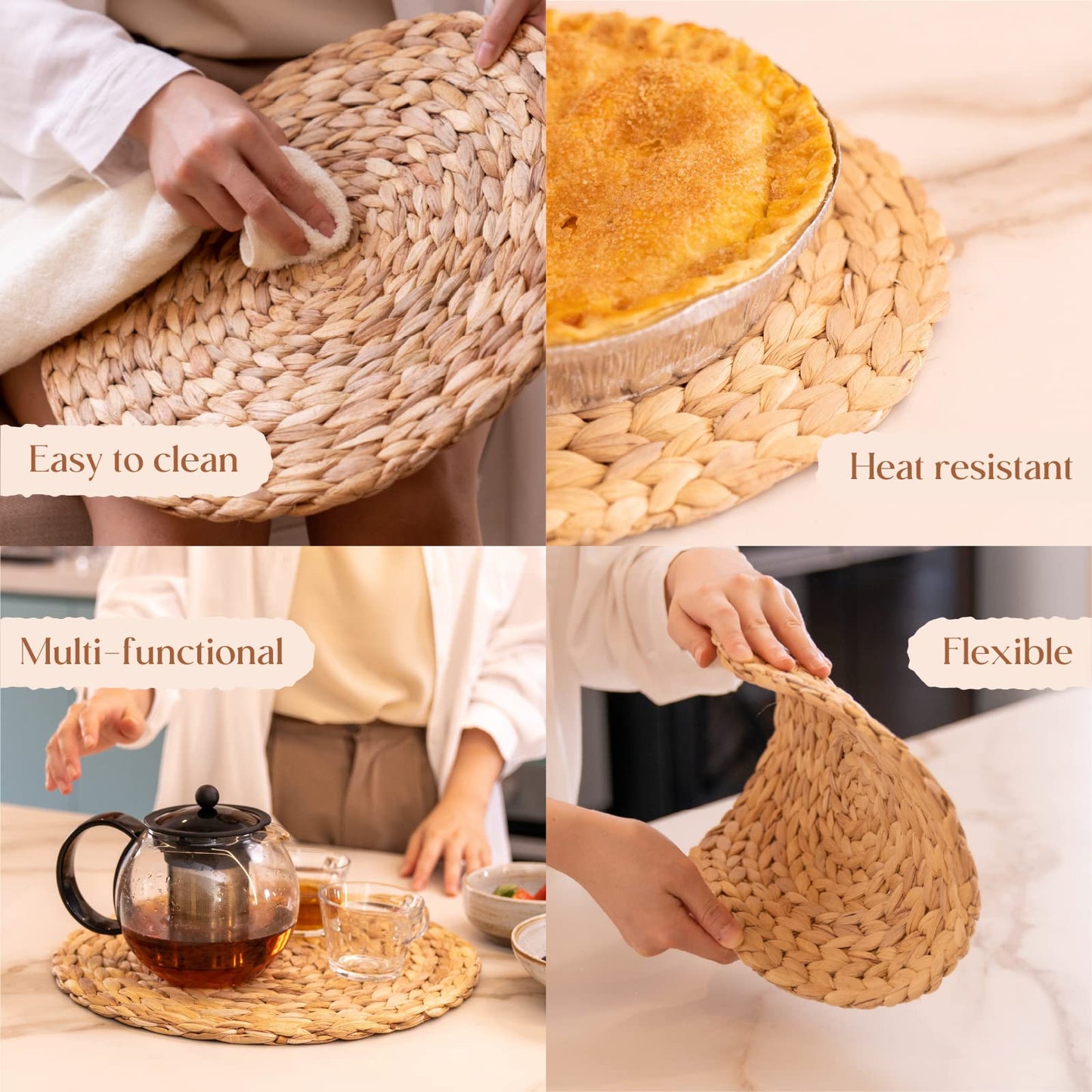 6 Pack, Round Woven Placemats, Natural Water Hyacinth Wicker Place mats, Braided Straw Table Mats for Dining Table, Fall, Halloween, Thanksgiving, Chrismats (13.8 inch)