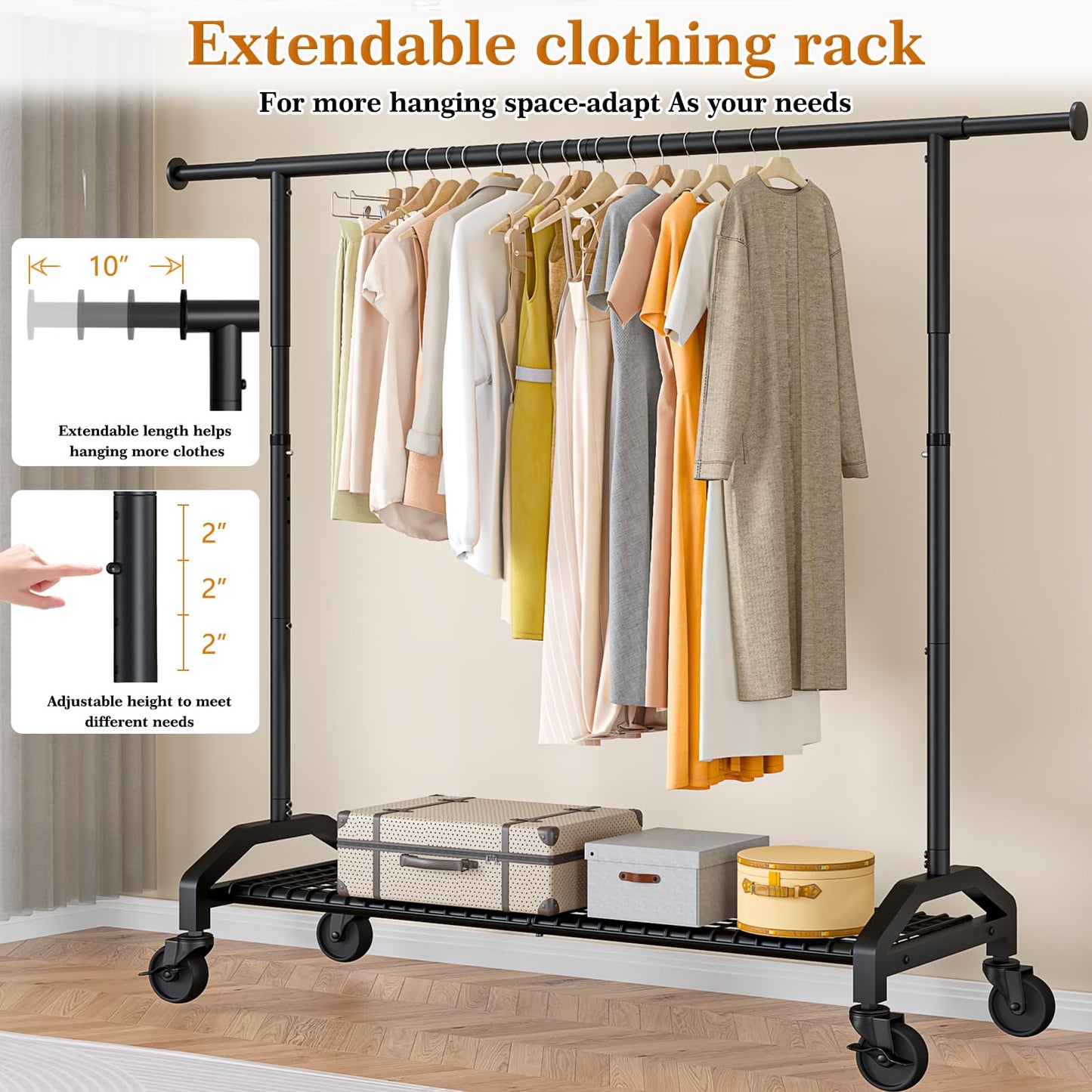 Wiracks Heavy Duty Clothes Rack for Hanging Clothes 350lbs Clothing Rack 3" industrial Wheels 51 to 71" W x 16.53" D x 65" to 71" H Adjustable Rolling Clothes Rack Coat Rack Garment Rack Black
