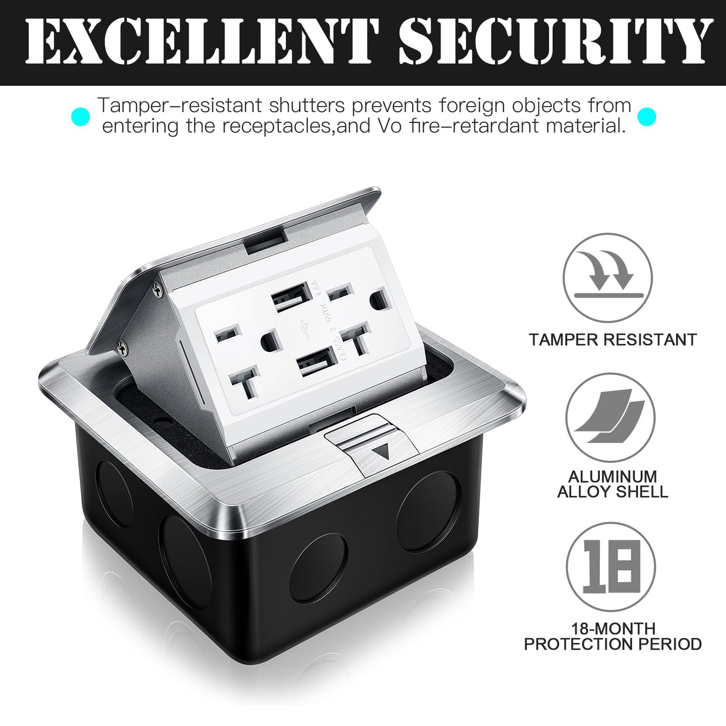 Hoolerry 4 Pack Pop up Floor Electrical Outlet Cover Box Kit with 4.8A USB Charger 20Amp Waterproof Weatherproof Floor Tamper Resistant Outlet Receptacle for Countertop Home (Silver)