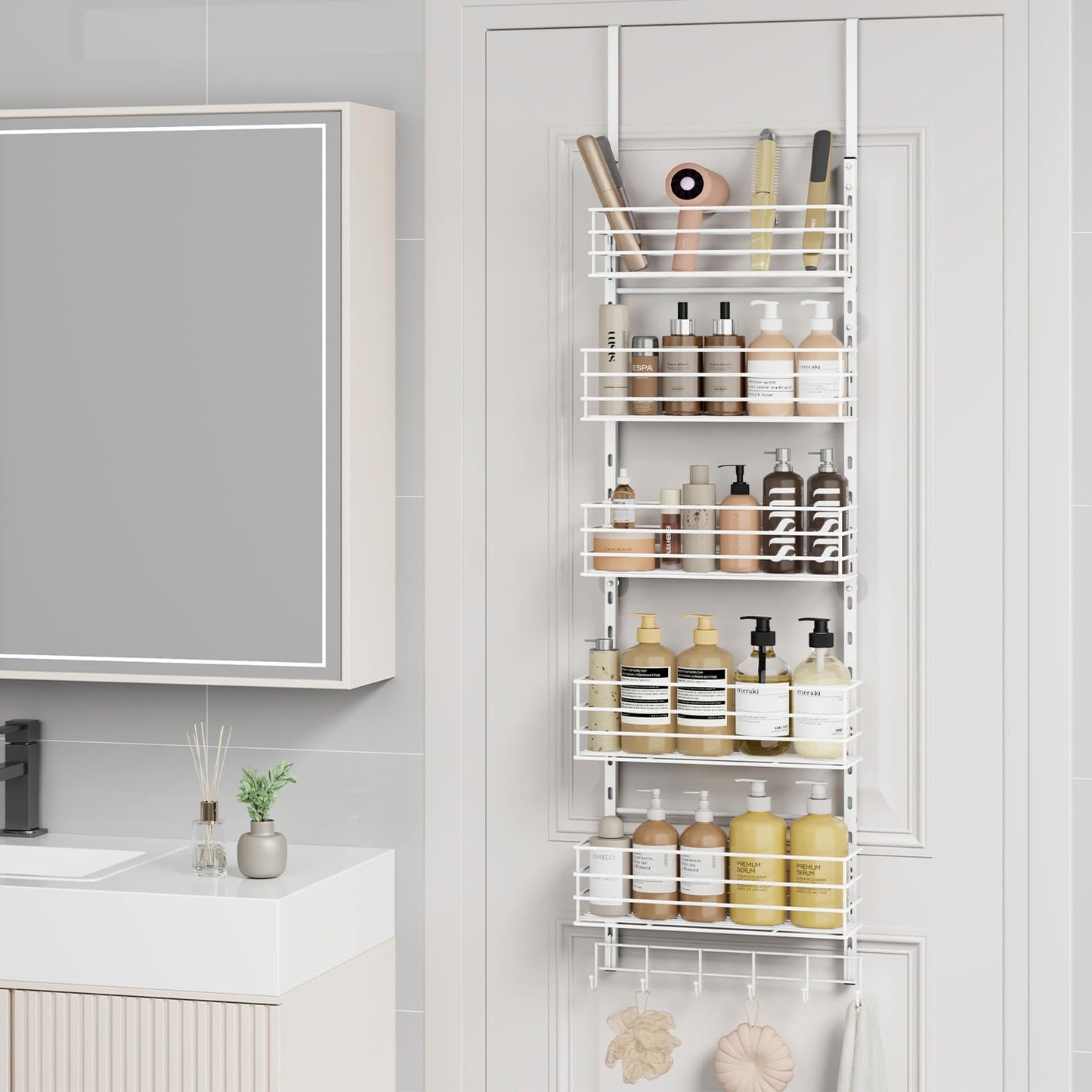 SWTYMIKI Over The Door Organizer - Door Organizer Hanging with 5 Adjustable Metal Large Capacity Basket and 6 Coat Hook, Wall Mounted Shelves for Bedroom Closet Bathroom Laundry Pantry Kitchen