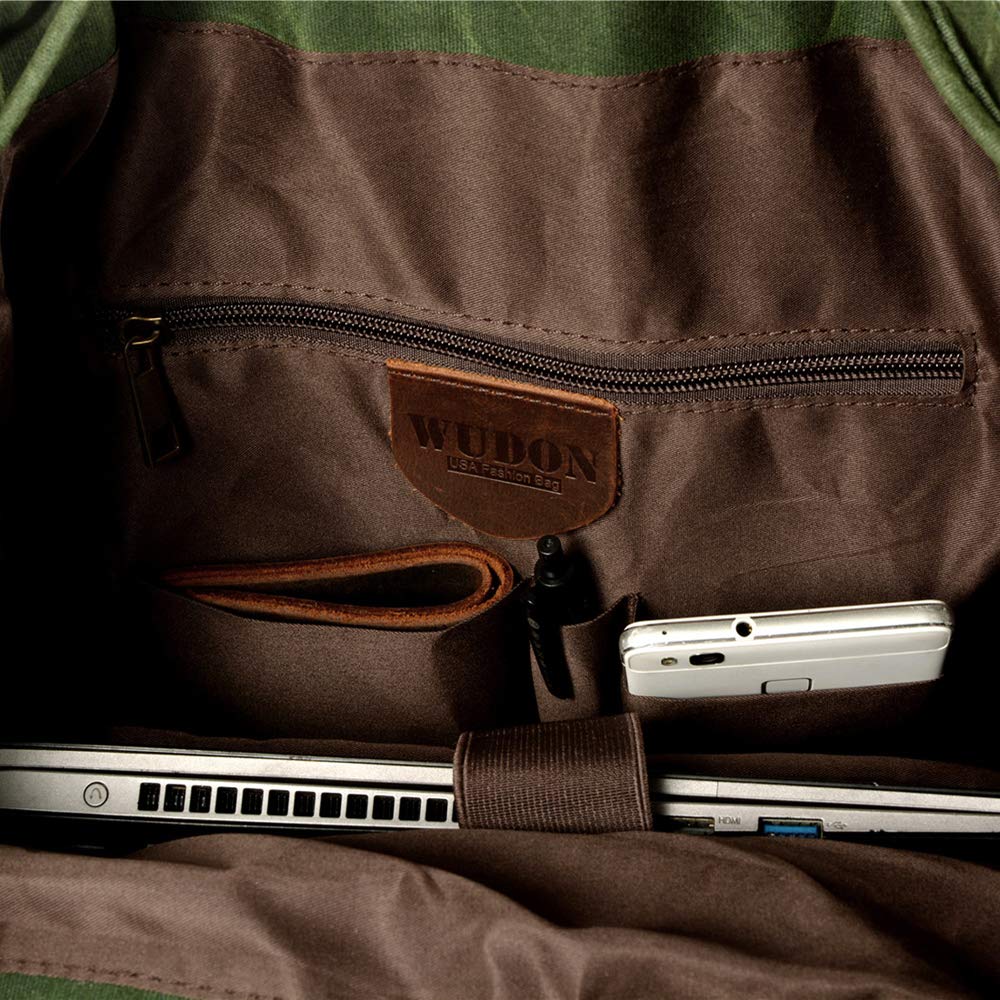 WUDON Leather Backpack for Men, Waxed Canvas Shoulder Rucksack Carry-On Travel Backpack (Khaki)