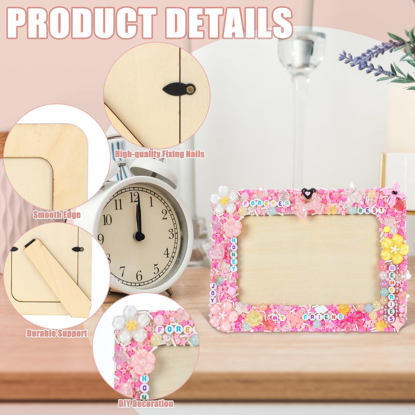 Thyle Picture Frame Painting Craft Kit for 4 x 6 Inch Photo 4 Pcs DIY Unfinished Wooden Picture Frames with Beads Stickers Tweezers for DIY Craft Christmas Halloween Gifts