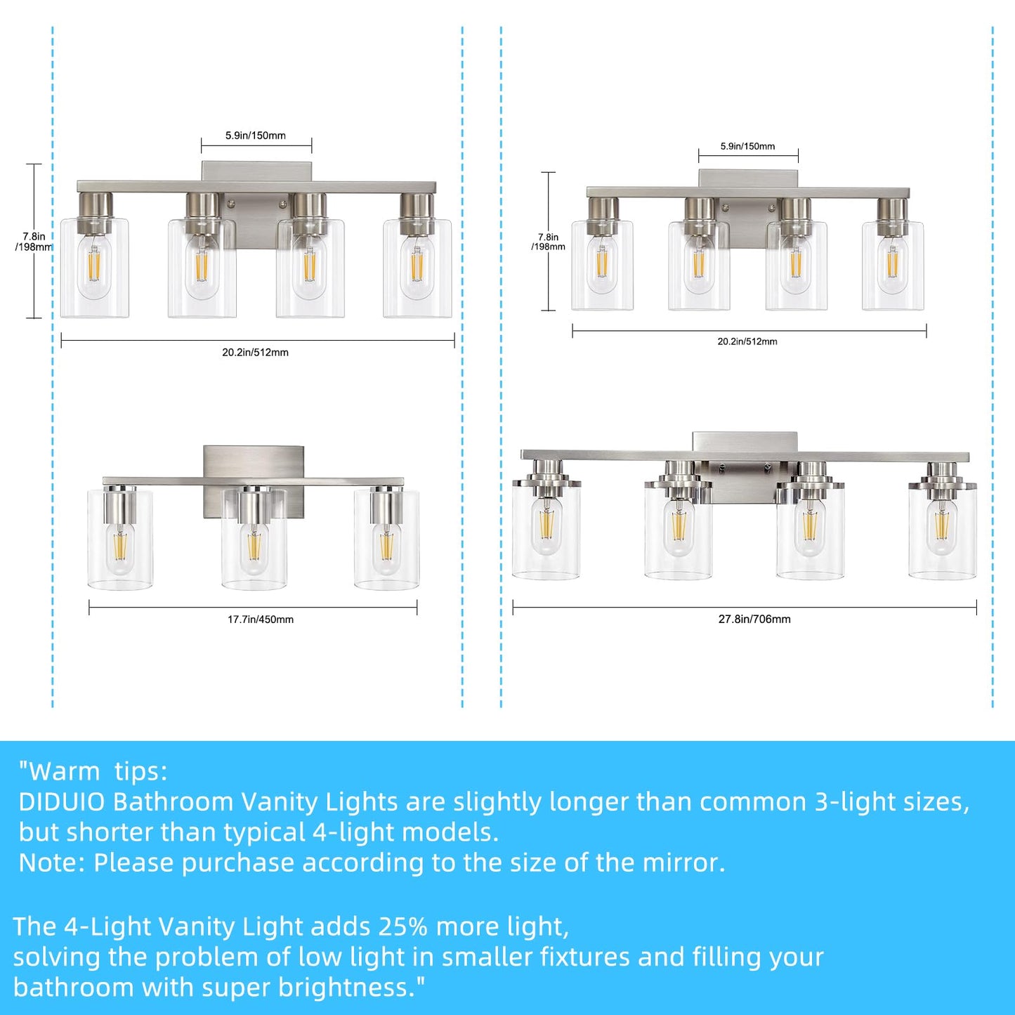 DIDUIO 4 Light Bathroom Vanity Light Brushed Nickel Vanity Lights for Bathroom Modern 4-Lights Wall Sconce with Clear Glass Shade for Bedroom Living Room