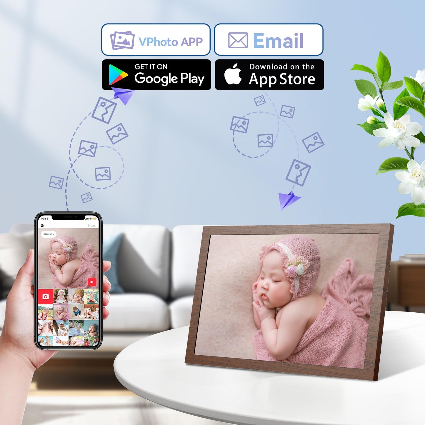 Kosshe 10.1" WiFi Digital Picture Frame, 1280x800 IPS HD Touch Screen, Smart Electronic Photo Frame, 16GB Storage, Auto-Rotate, Easy Setup to Share Photos or Videos Remotely via App and Email