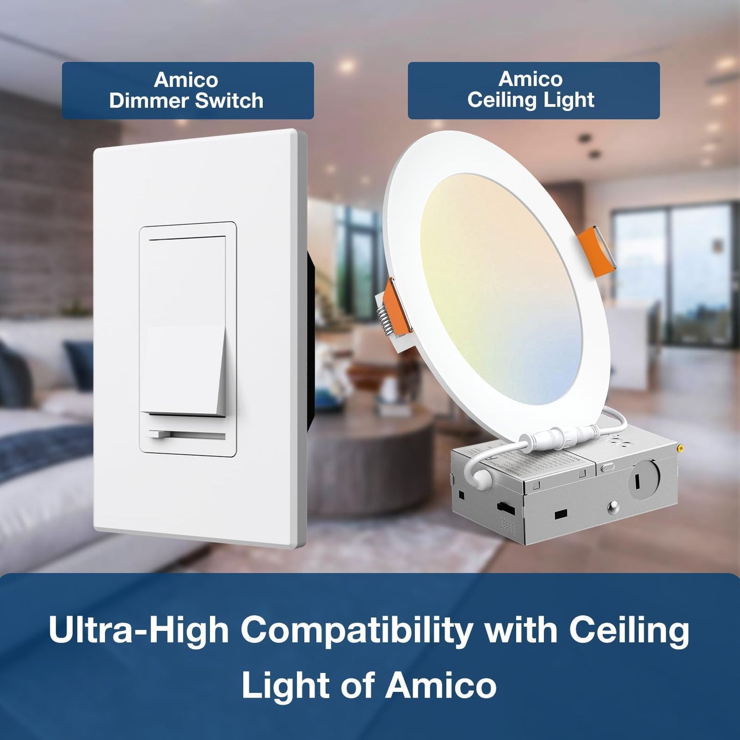 Amico 6 Pack Dimmer Light Switch, Single-Pole or 3-Way Slide Dimmer Switches for Led Lights, Suitable for 150W Dimmable LED/CFL Lights and 600W Incandescent/Halogen, Wall Plate Included, White