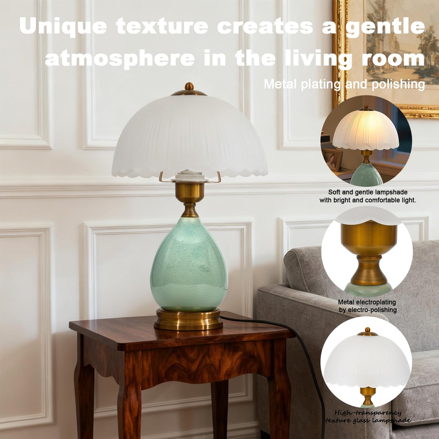 WELAISA Table Lamps Ceramic Retro Lamp for Living Room,16.73" Modern Bedside Nightstand Traditional Lamps, Classic Chinoiserie Green Glass Lamp for Home (French Country)
