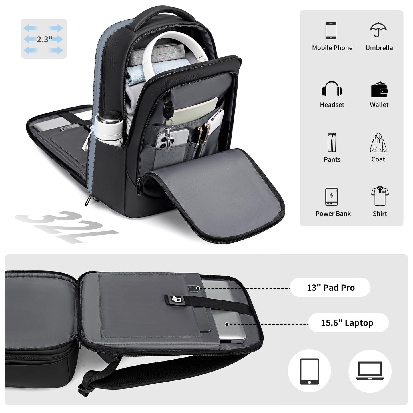FENRUIEN Expandable Laptop Backpack for Men, 15.6 Inch USB Charging Work Backpack for Business/Commute/Travel