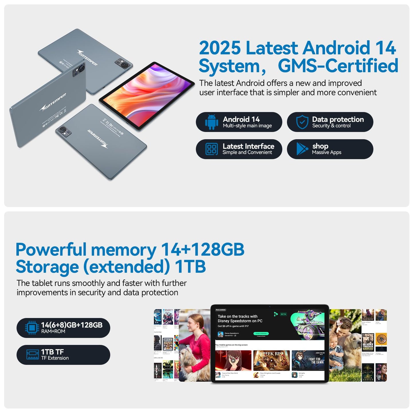2025 Android 14 Tablet 10 inch,4G Cellular Tablets with 2 SIM 1 SD slot,5G Wifi Android Tablet 128GB ROM +14GB RAM(1TBTF),3-in-1 Tablet with Keyboard-8000mAh,Octa-core,1080FHD,13MP+8MP,GPS-Gray