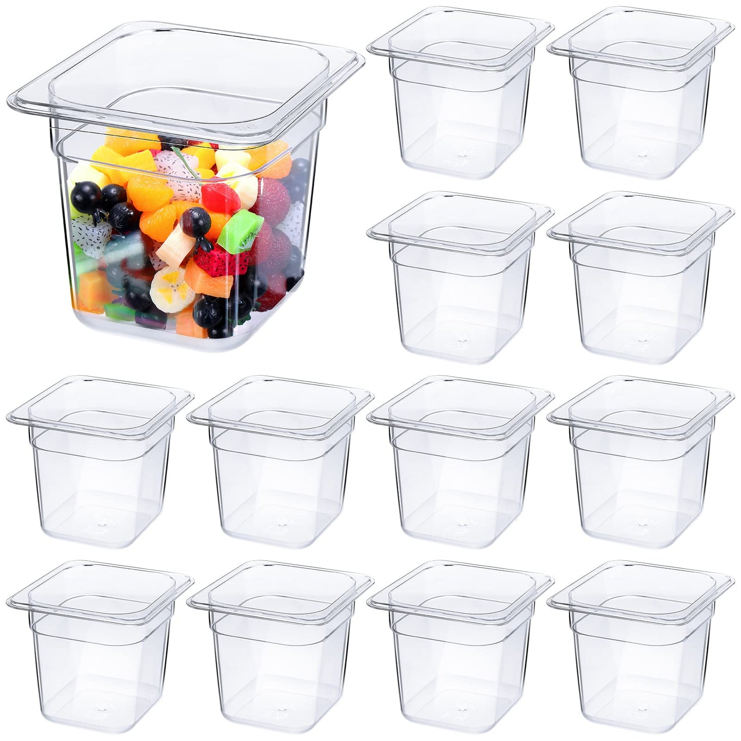 Yinder 12 Packs Plastic Clear Food Pans 1/6 Size Stackable Polycarbonate Food Containers with Capacity Indicator Restaurant Commercial Hotel Pan for Fruits Vegetables Beans Corns(6'' Deep)