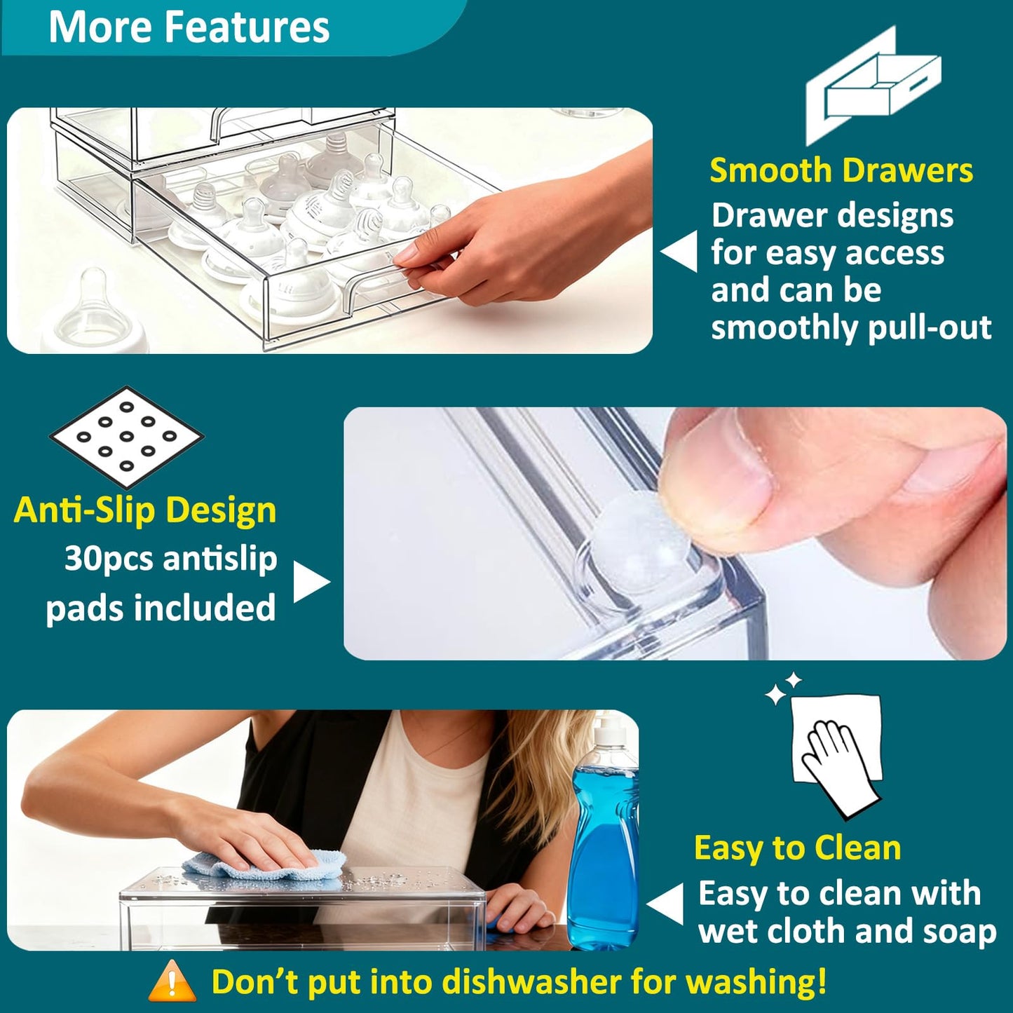 Baby Bottle Organizer for Countertop with Dust Protection, 5Pack Stackable Baby Organizers and Storage for Bottles, Clear Acrylic Container with Drawer for Kitchen, Cabinet, Vanity, Bathroom, Pantry
