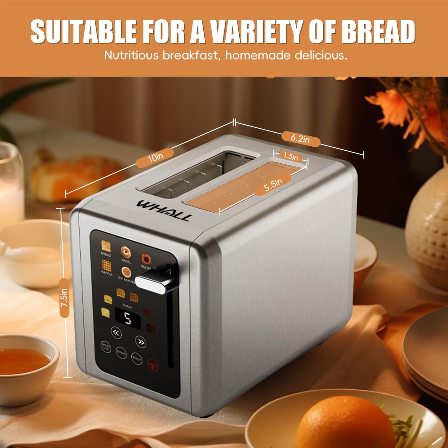 WHALL Touch Screen Toaster 2 Slice,Smart Digital Toaster with 1.5" Wide Slots,6 Shade Settings & 6 Bread Types,Memory Function,Countdown Timer,Brushed Stainless,Ideal Kitchen Gift & Essential