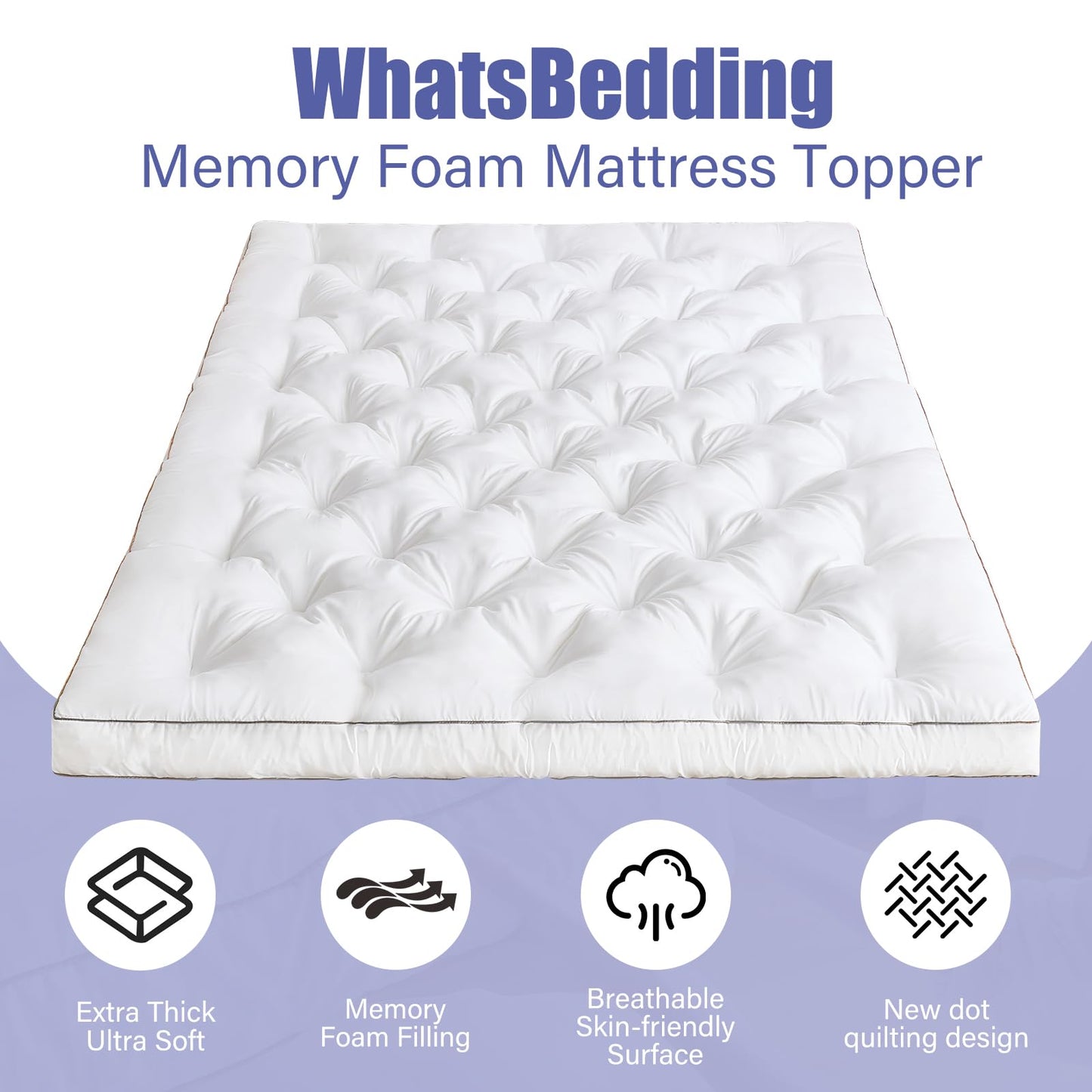 WhatsBedding 4 Inch Memory Foam Mattress Topper Full for Back Pain Relief, Filled with Breathable Gel Memory Foam, Fluffy Comfort Supportive Pillow Top Mattress Topper, 75x54x4in