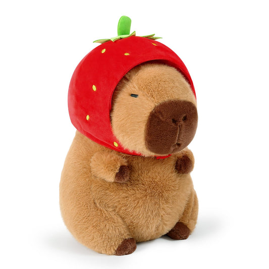 Ditucu Cute Capybara Plush Wear Strawberry Hat Soft Capibara Stuffed Animal Plushies Toys Hugging Gifts for Kids Brown 13 inch