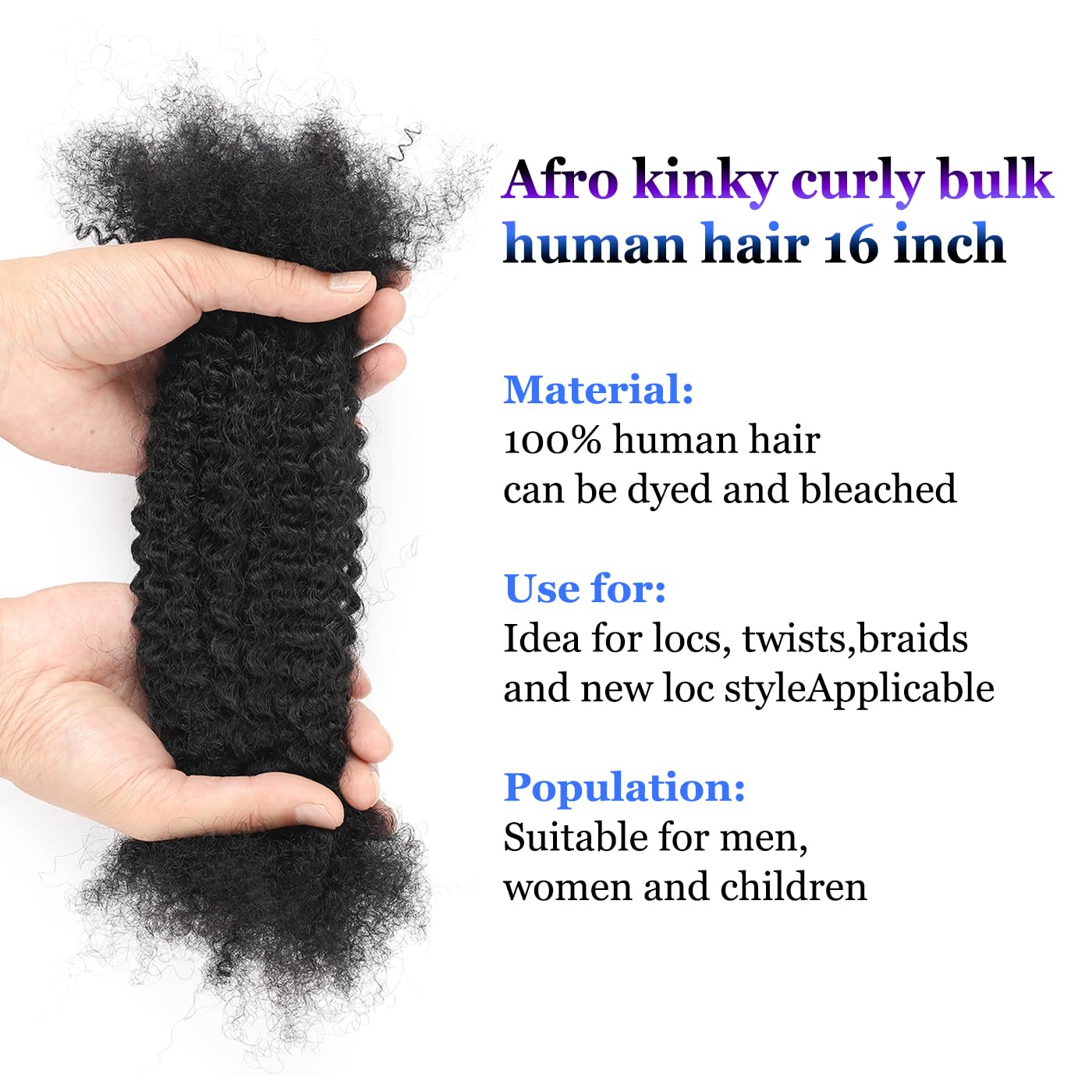Afro Kinky Curly Human Hair Bulk for Permanent Micro Locs/Twists/Braids/Repair Locs Afro Kinky Human Hair for Locs 1 Pack 50 Gram (1B, 18inch)