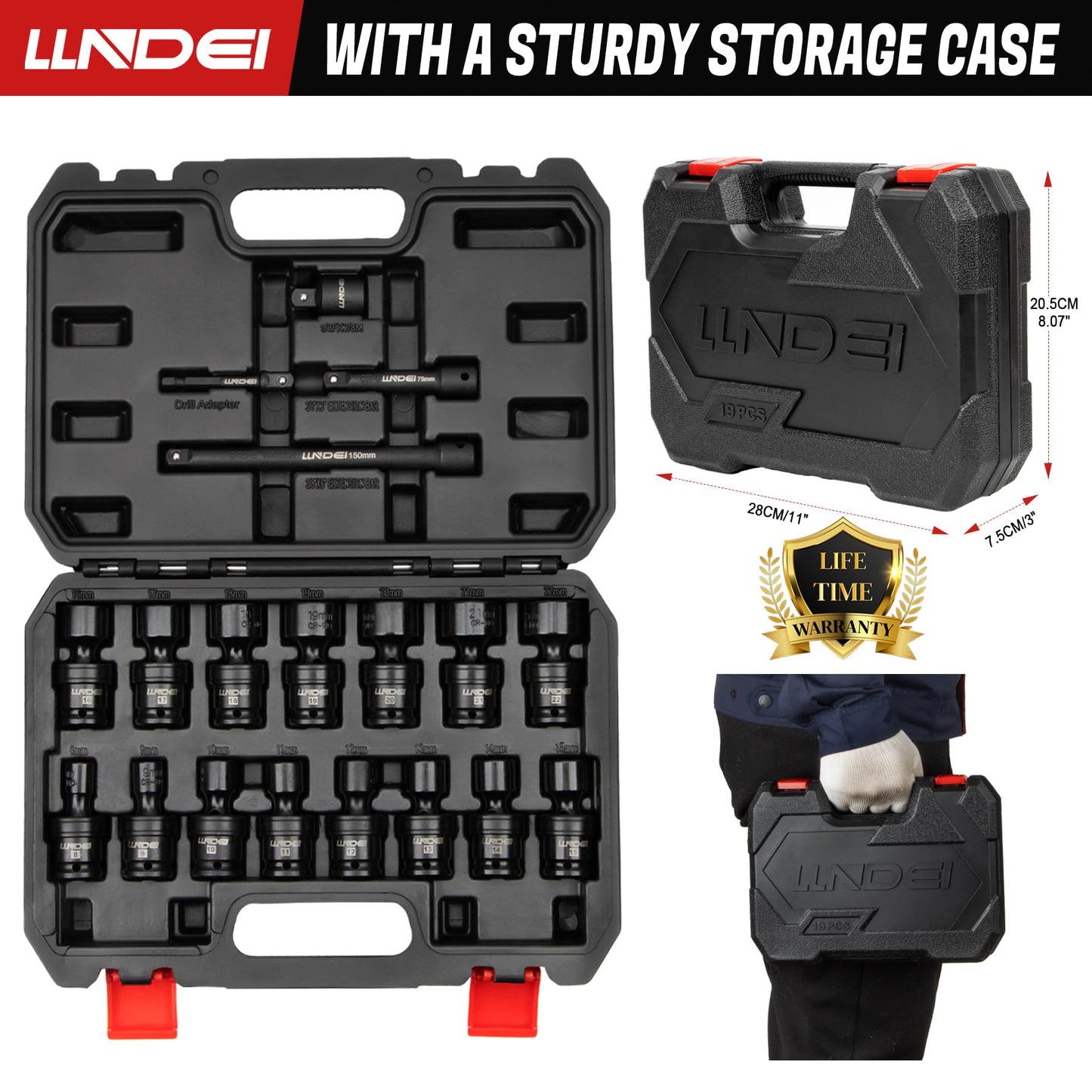 LLNDEI 3/8" Drive Universal Impact Socket Set, 19 Pieces CR-MO Swivel Socket Set, Metric(8-22mm) Wobble Sockets 6 Point with Extension Bars, Adapter and Black Organizer