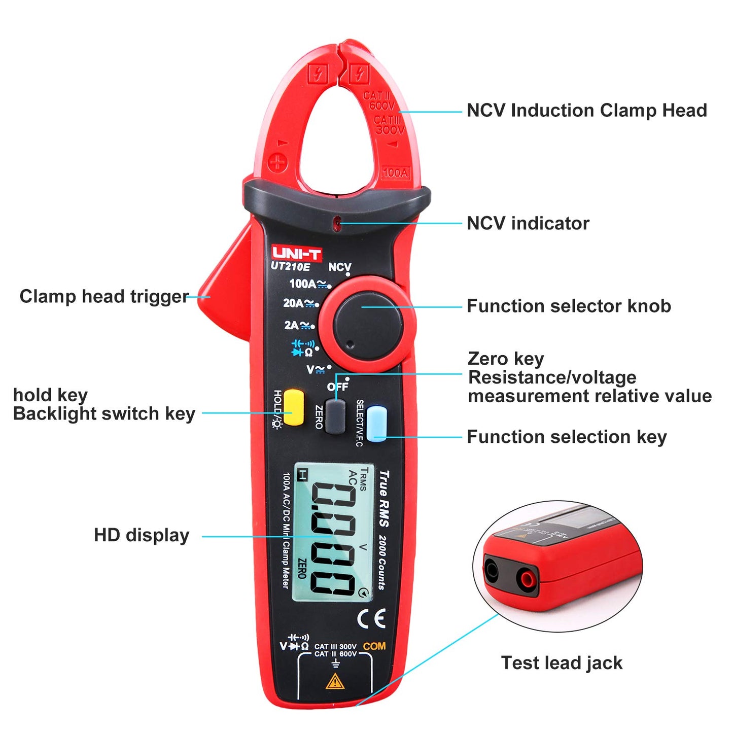 UNI-T UT210E Mini Digital Clamp Meter 100A AC DC Current Voltage True RMS Pliers Ammeter Resistance, Capacitance, Diode Tester Multimeter