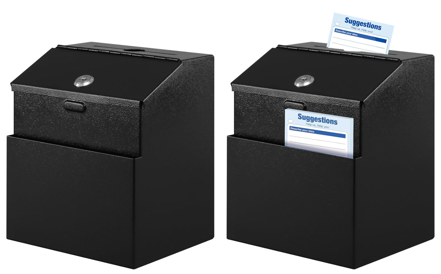 KYODOLED Suggestion Box with Lock and Slot, Metal Wall Mounted Money Key Drop Box with 100 Free Suggestion Cards, Donation and Collection for Fundraising, Black, 2Pack