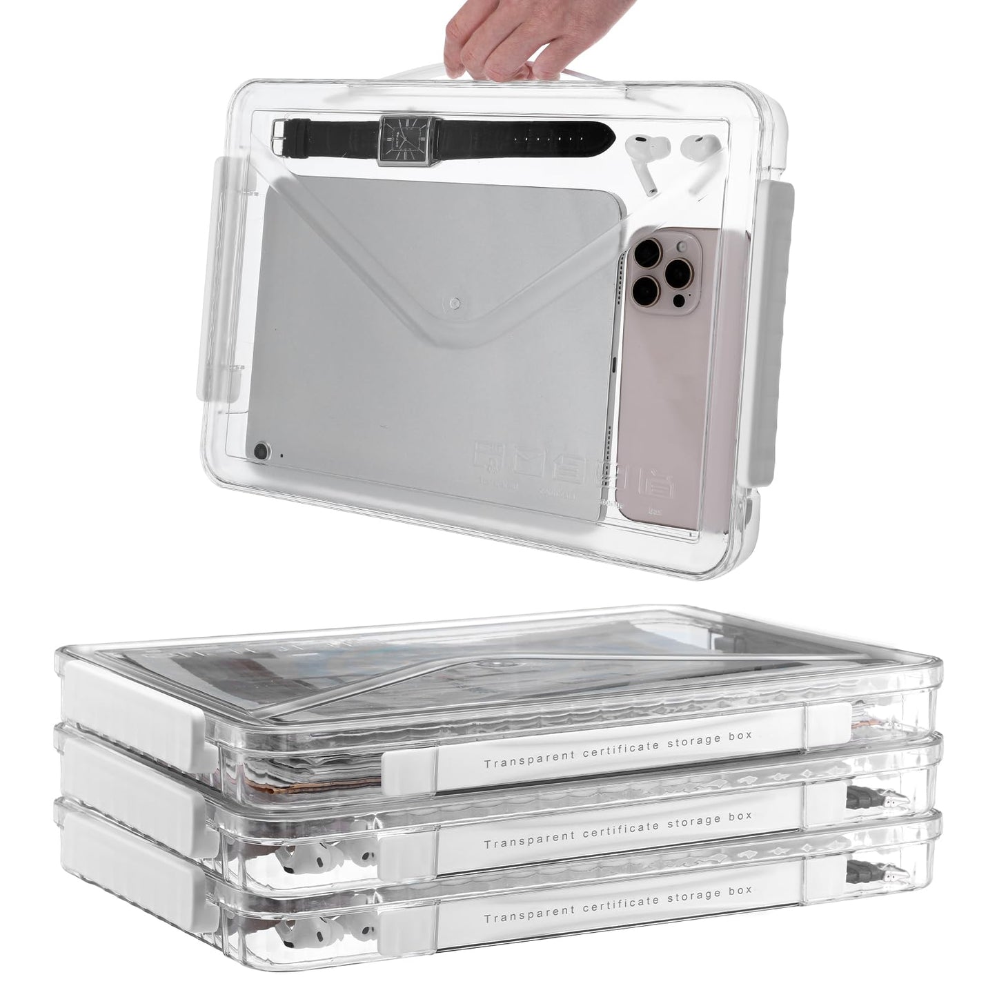 Mekueeex 4 Pack Clear Plastic File Boxes with Handle, Modern Style, Stackable, Water Resistant, A4 Letter File, Document, Photo, Scrapbook Storage