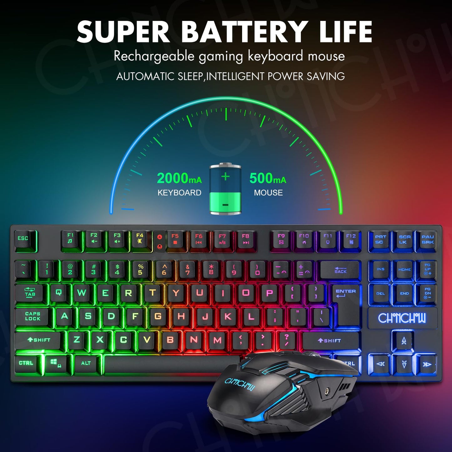 CHONCHOW Wireless Gaming Keyboard and Mouse Combo, Rechargeable 87 Key LED Light Up Keyboard Ergonomic Wireless Gaming Mouse, Backlit Wireless Gaming Mouse and Keyboard for Xbox PS4 PS4 PC Laptop