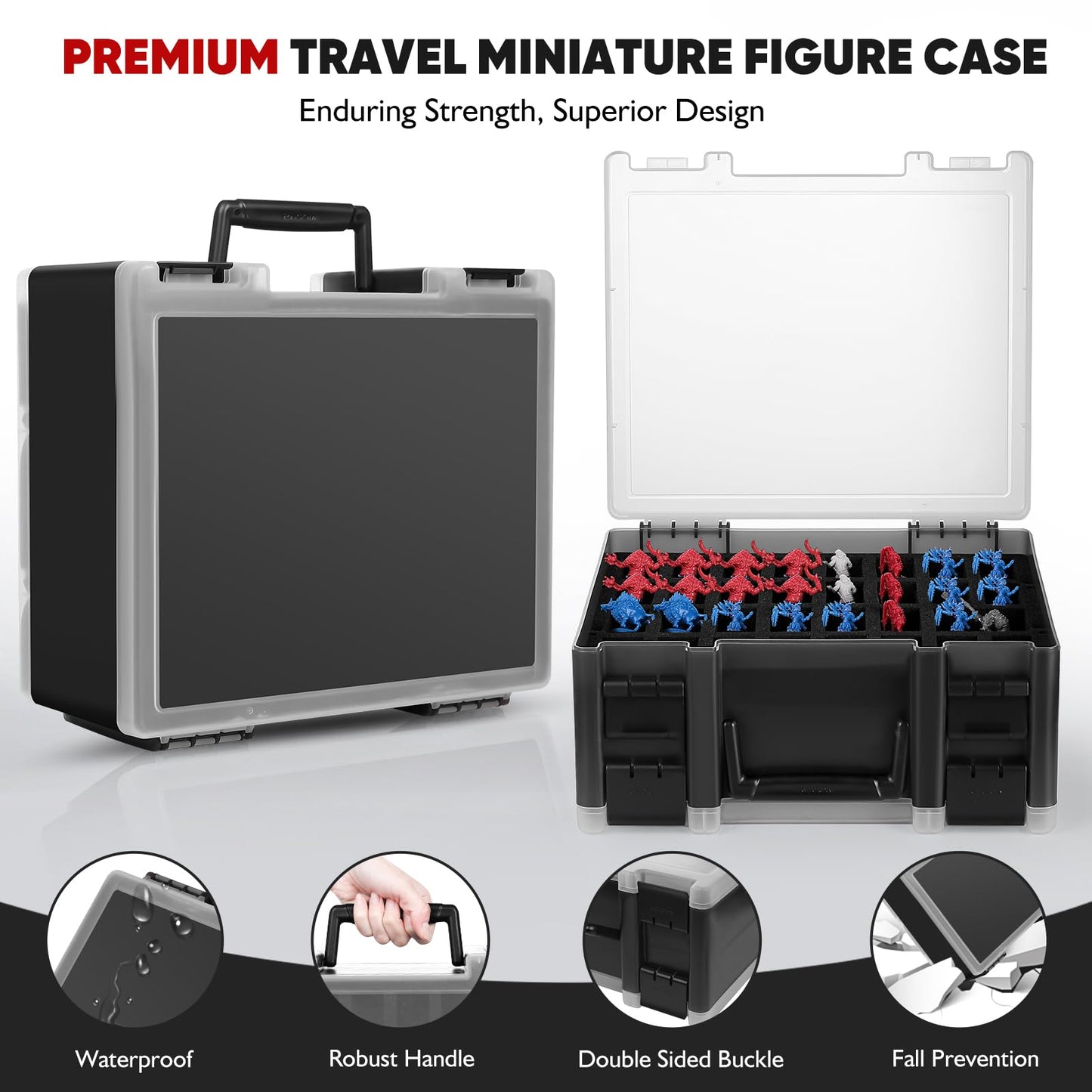 RISOU Sturdy Miniature Figure Storage Carrying Case for Standard Sized Figures - 128 Slot Miniature Figure Box Compatible with 40k,D&D and More.(CASE ONLY)