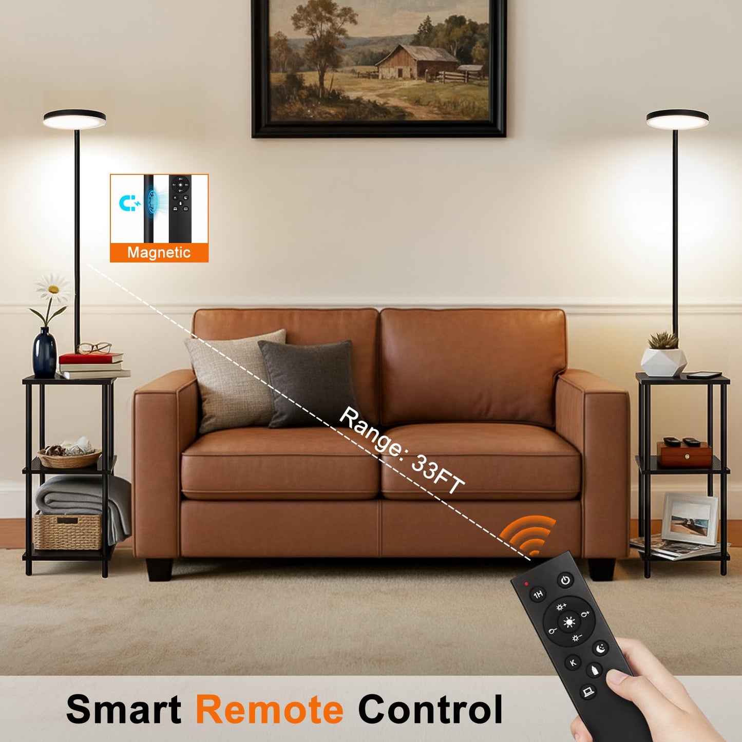 LED Floor Lamp with Table, 25W/3000LM Super Bright Floor Lamp with Remote, End Table with Lamp Attached Stepless Dimmable, Side Tables with Lamp with 350° Rotating Head for Living Room Bedroom Office
