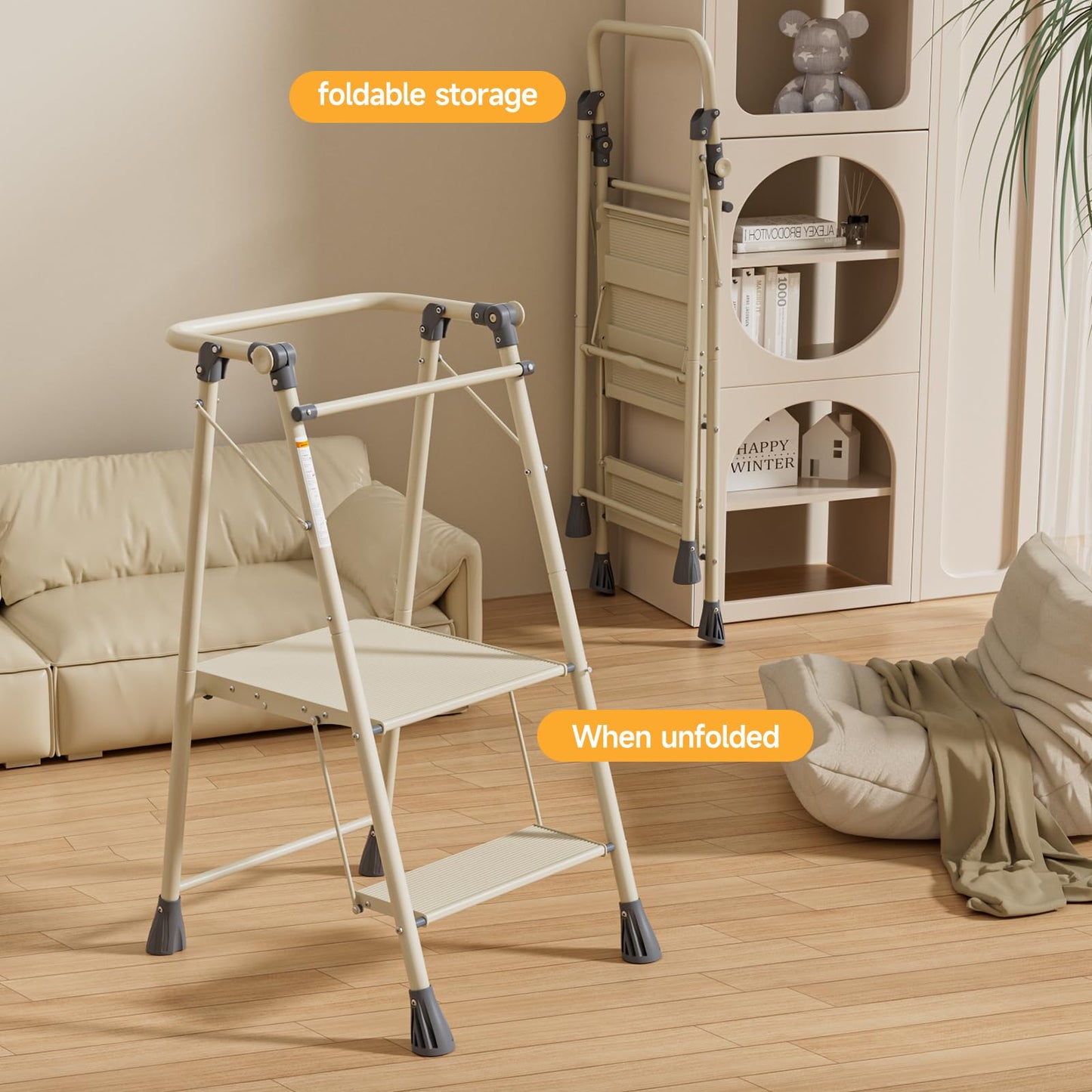 LEDLAY Aluminum Foldable Toddler Tower 2 Steps, Kids Step Stool for Kitchen, Toddler Kitchen Stool Helper with Anti-Drop Safty Railing, Multi-Functional Learning Tower with Anti-Slip Design, Gray