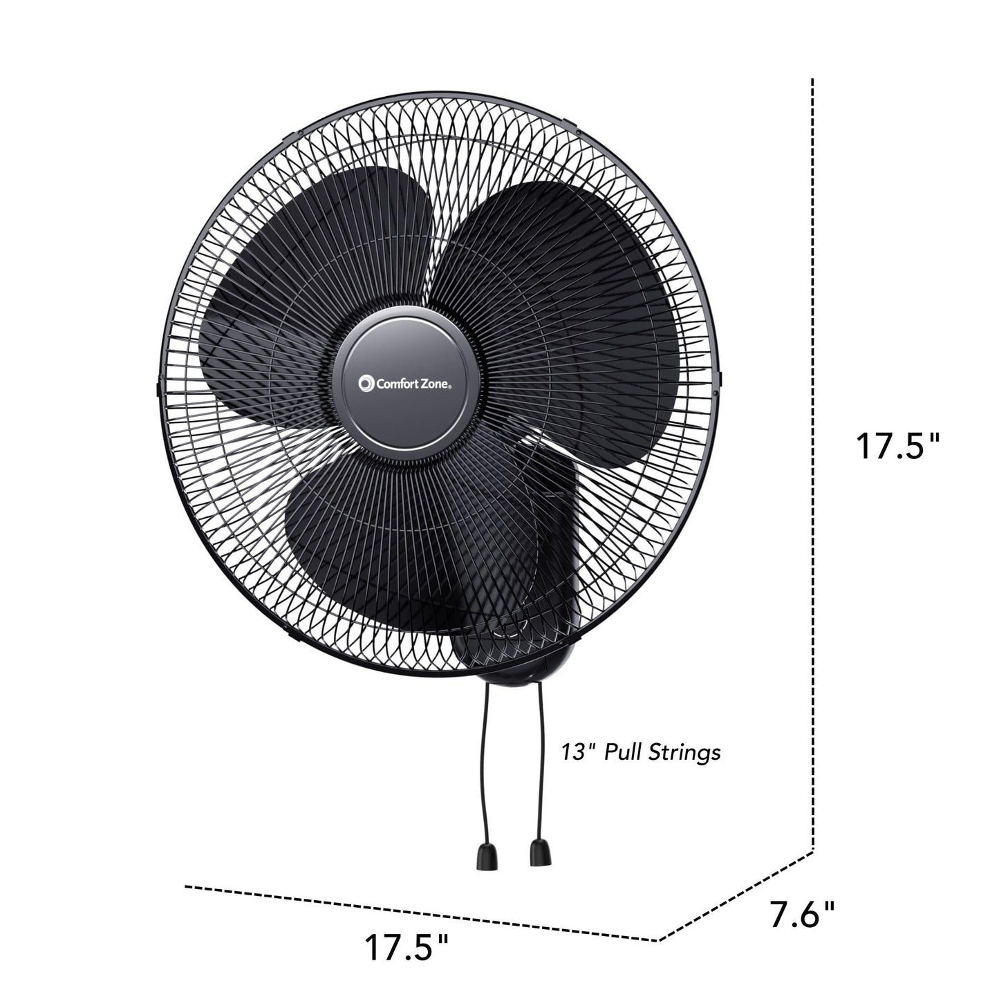 Comfort Zone 16-Inch Oscillating Wall Mount Fan – Quiet 3-Speed Indoor Fan with 60° Adjustable Tilt, Pull-Chain Control & Durable Metal Grille – Space-Saving Cooling for Home, Office, & Greenhouse