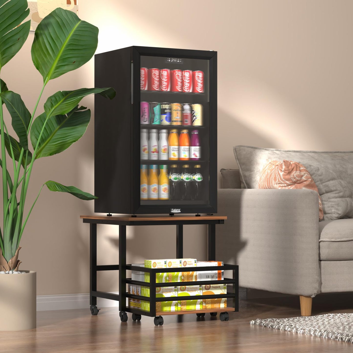 EYOCAL Mini Fridge Stand with Pull-Out Basket, 19.7" x 19.7" Large Tabletop Heavy Duty Stand with Adjustable Feet & Wheels, for Kitchen, Dorm, Office, Rustic Brown and Black