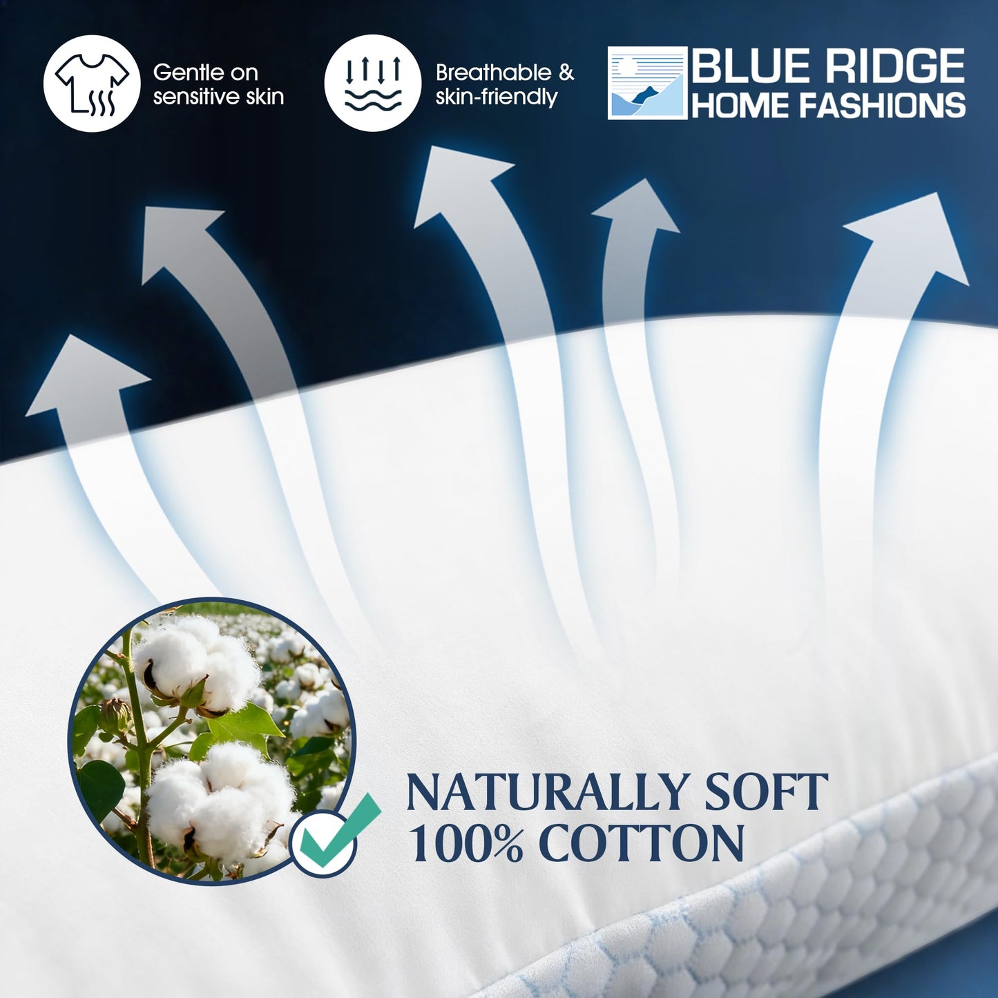 Blue Ridge Home Fashions Cooling Pillows Queen Size Set of 2, Dual-Sided Cooling & Breathable Cotton Design, Down Alternative Pillows for Hot Sleepers, Soft Support for Side, Back & Stomach Sleeping