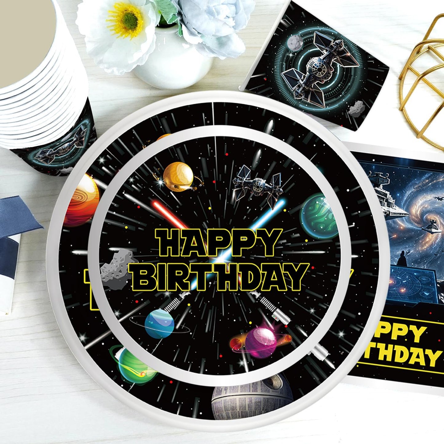 140 Galaxy Wars Birthday Party Decorations, All-in-One Party Supplies Set with Banner, Plates, Cups, Napkins, Balloons, Tablecloth, Hanging Swirls Stickers,Cake Topper,Star Theme Party Tableware Kit