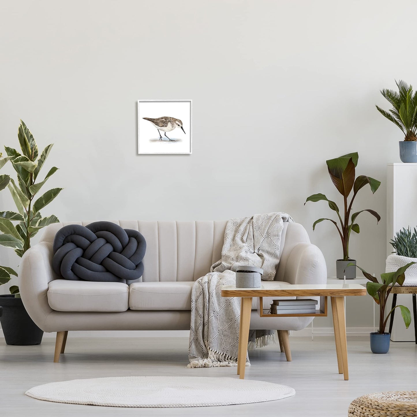 Stupell Industries Charming Sandpiper on Soft Sand Brown Nautical Bird, Designed by Studio Q White Framed Wall Art, 12 x 12