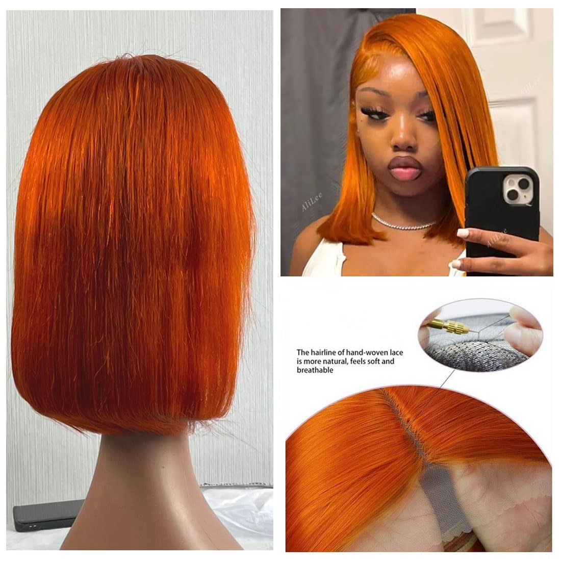 RQY Ginger Bob Wig Human Hair 8inch 13X4 Ginger Lace Front Bob Human Hair Wigs 180% Density Straight Ginger Orange Bob Lace Front Human Hair Wigs Pre Plucked Natural Hairline With Baby Hair