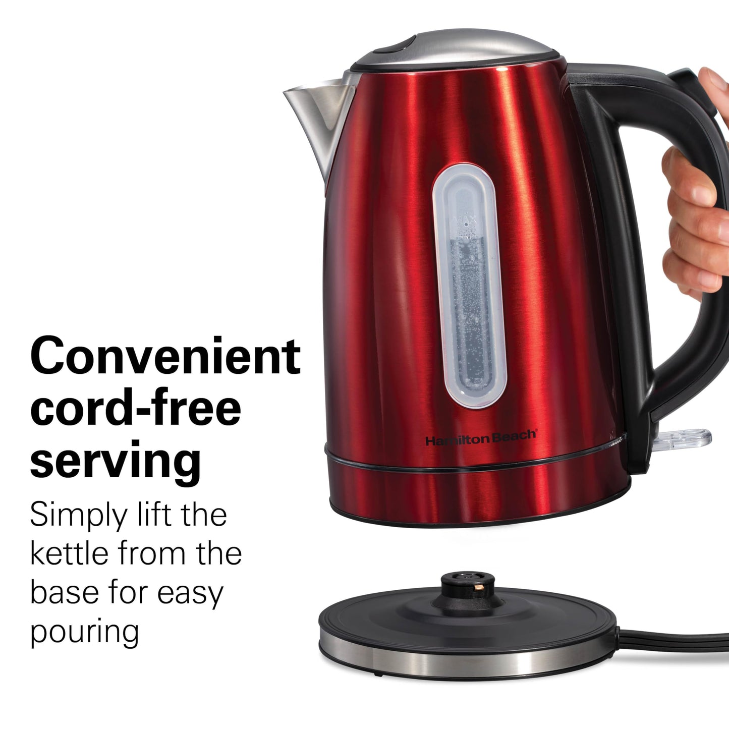 Hamilton Beach Electric Tea Kettle, Water Boiler & Heater, 1.7 Liter, Cordless Serving, 1500 Watts for Fast Boiling, Auto-Shutoff and Boil-Dry Protection, Red with LED Light Ring (41060)