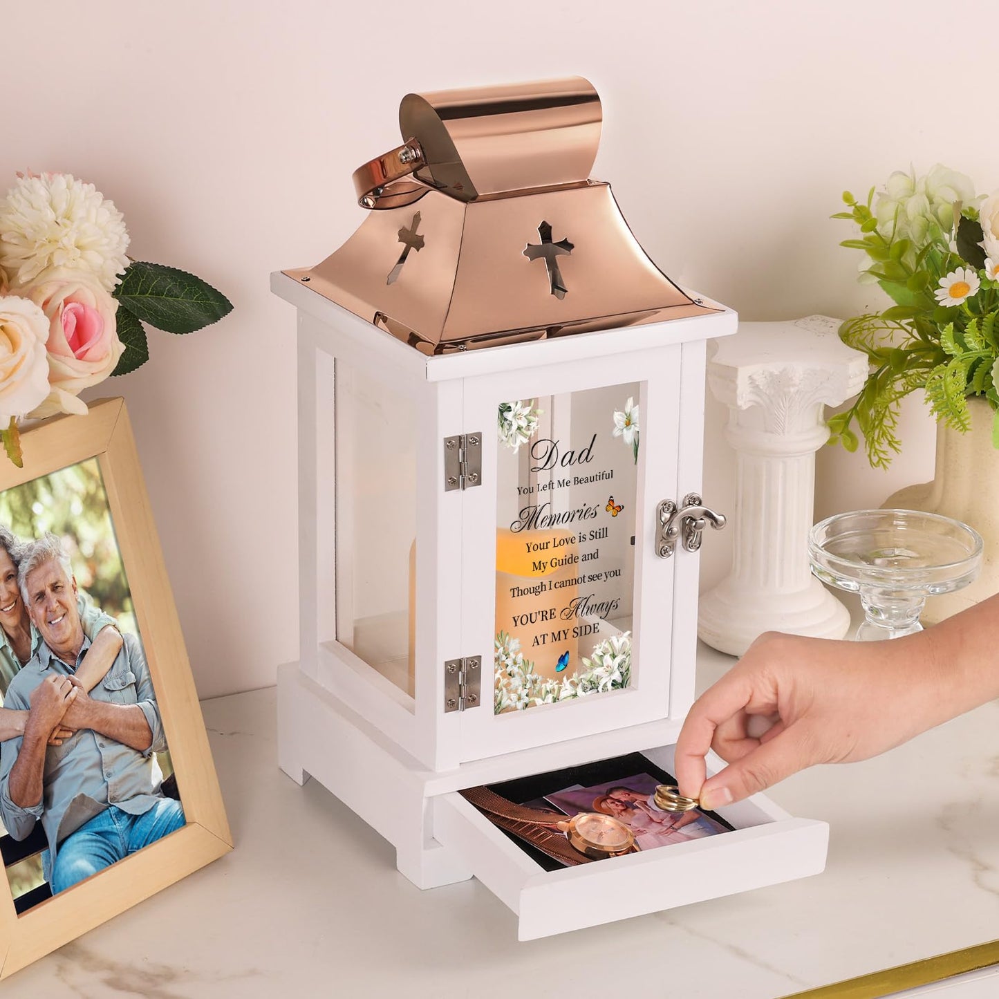 HugMemories Memorial Gifts for Loss of Dad, Memorial Lantern with Drawer for Keepsakes, Loss of Father Sympathy Gift, Bereavement Gifts in Memory of Dad