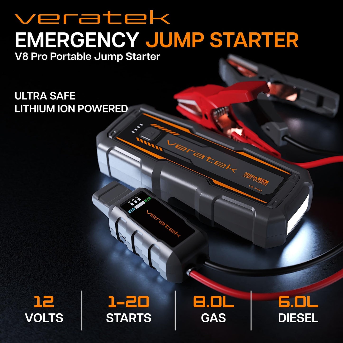 ReelCharge V8 Pro 3000A Car Battery Jump Starter Portable (8.0L Gas & 6.0L Diesel) – 12V Lithium Battery Booster Pack with SmartCharge Safety, Jumper Cables, 20000mAh Power Bank, Jump Box, LED Light
