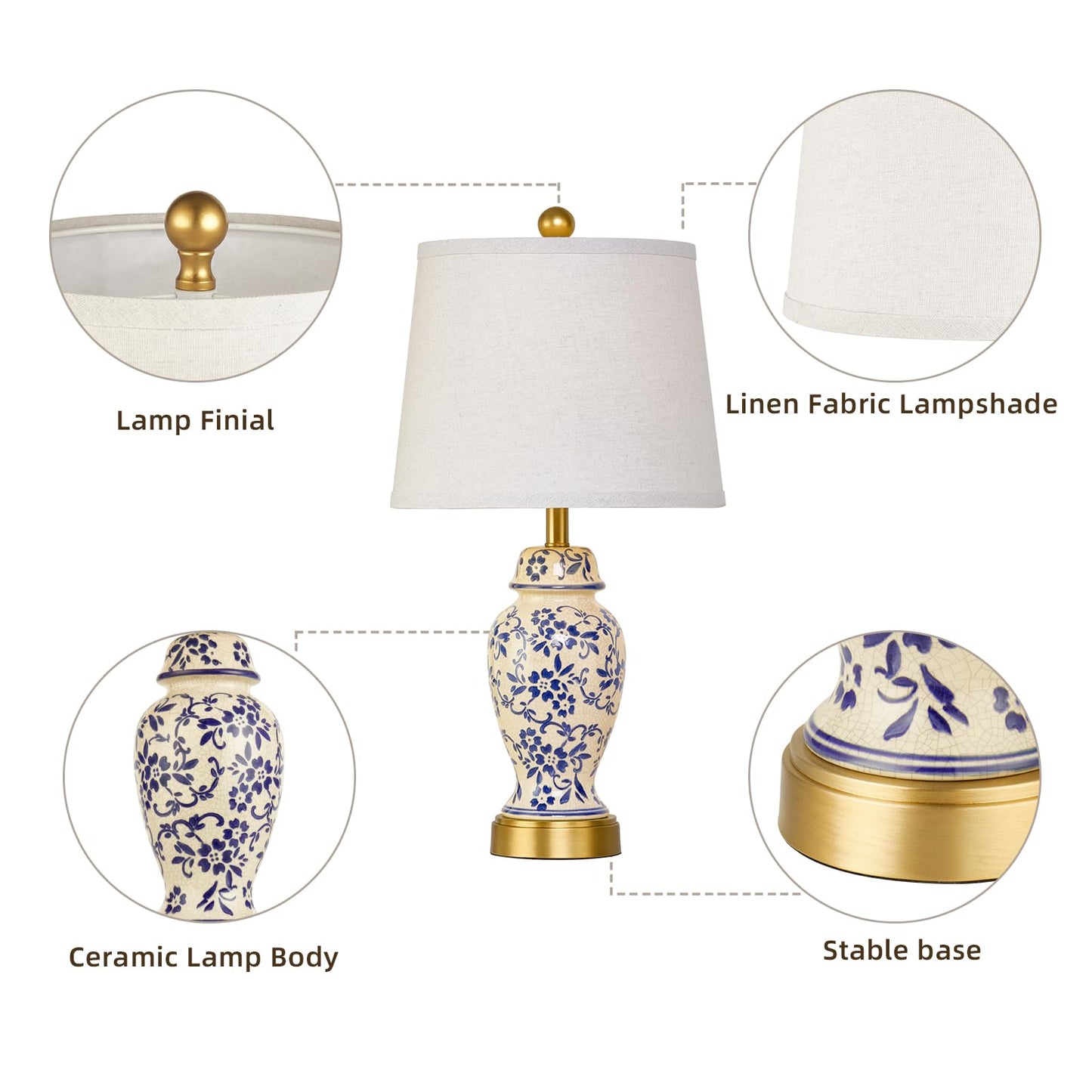 RORIANO Chinoiserie Ceramic Table Lamps Set of 2 for Living Room Bedroom Bedside, Traditional Blue Porcelain Classic Table Lamp for Nightstand Entryway, 2 LED Bulbs Included (Gold)