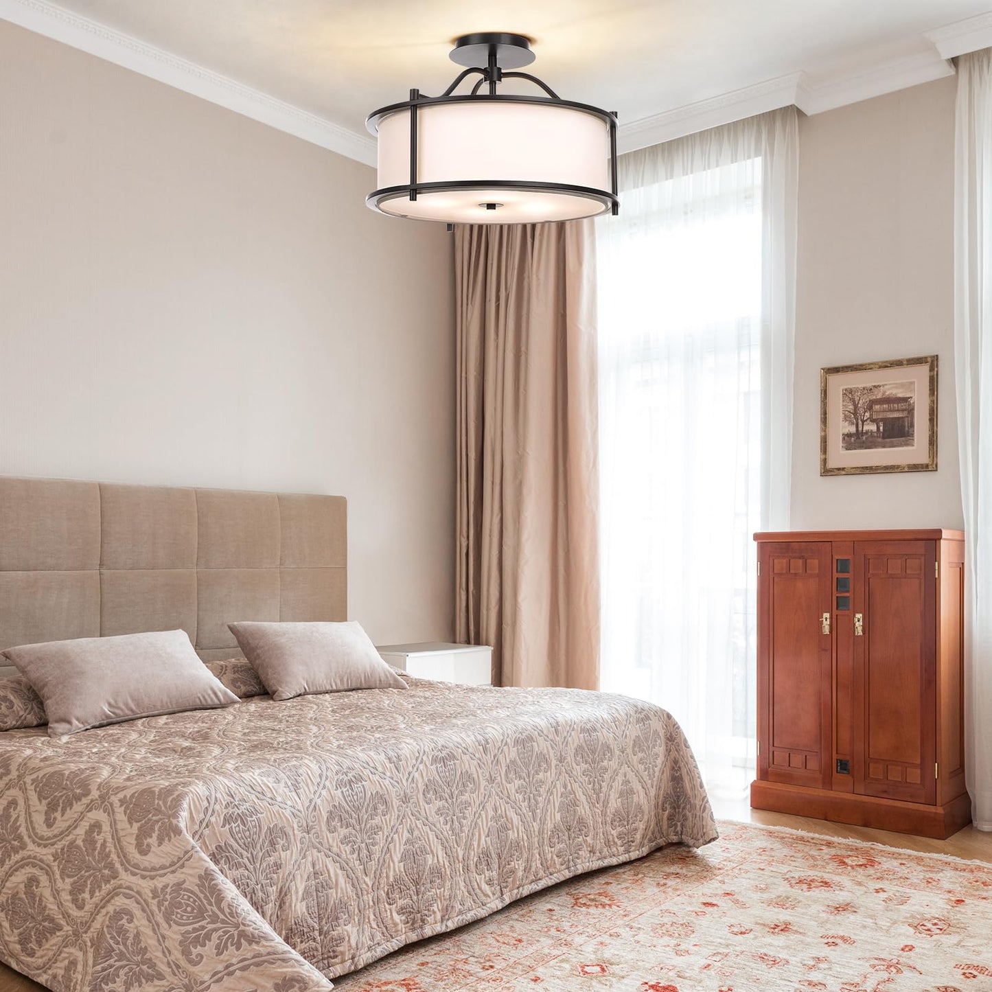 FRIDEKO HOME Semi Flush Mount Ceiling Light - 15.7 Inch Fixture with Metal Frame Fabric Shade for Living Room, Bedroom, Kitchen, Dining Room, Entryway, Hallway