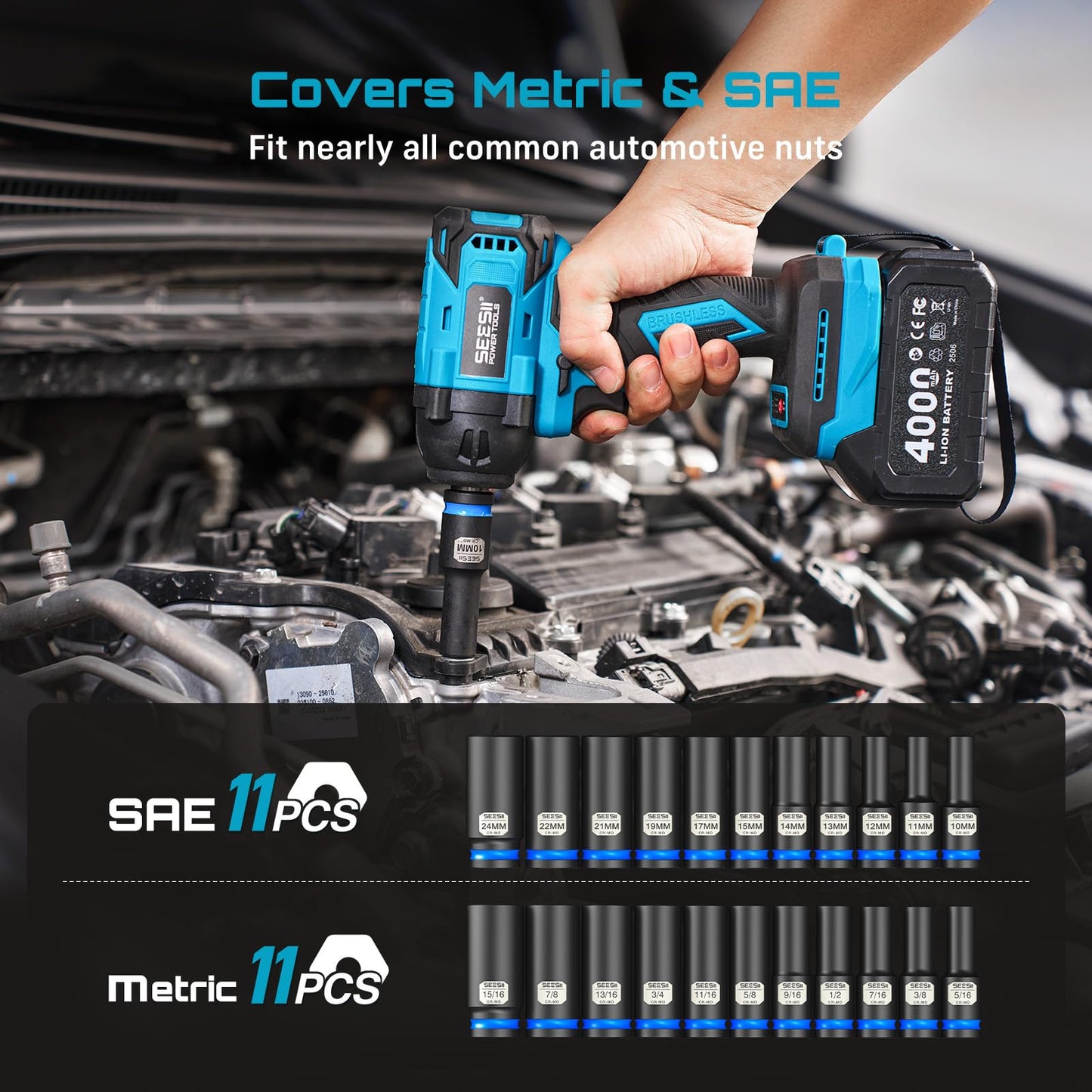 1/2" Drive Deep Impact Socket Set, SAE & Metric Sockets (5/16"-15/16" & 10-24mm), Professional CR-MO Steel, 6-Point for Impact Wrench, Automotive & Truck Repair Tool Kit