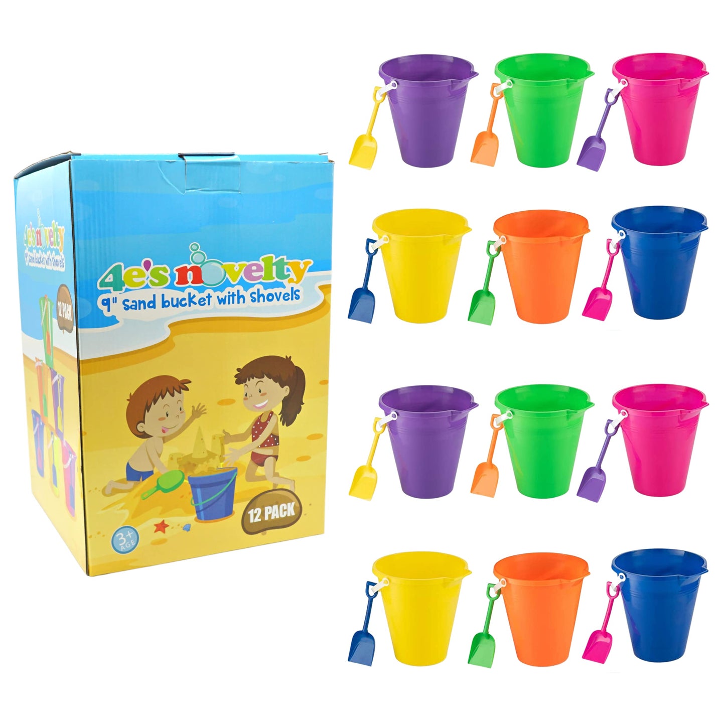 4E's Novelty 9" Large Sand Bucket with Shovel [12 Pack Bulk] Beach Buckets - Beach Toys for Kids & Toddlers, Party Favors Holders