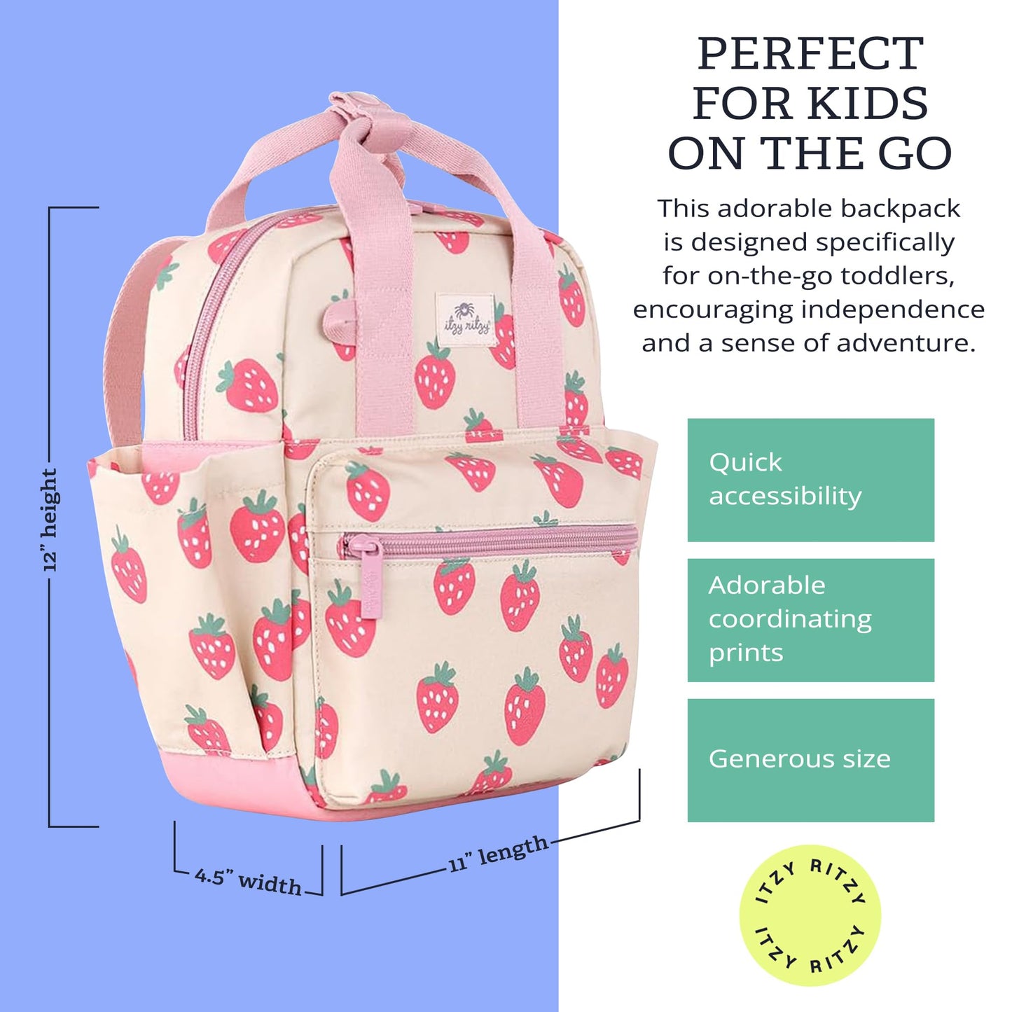 Itzy Ritzy Toddler Backpack - Daycare Bag - Features Adjustable Shoulder Straps, 2 Side Pockets & Spacious Interior with Wipeable Fabric Lining & Name Label, Strawberry Backpack