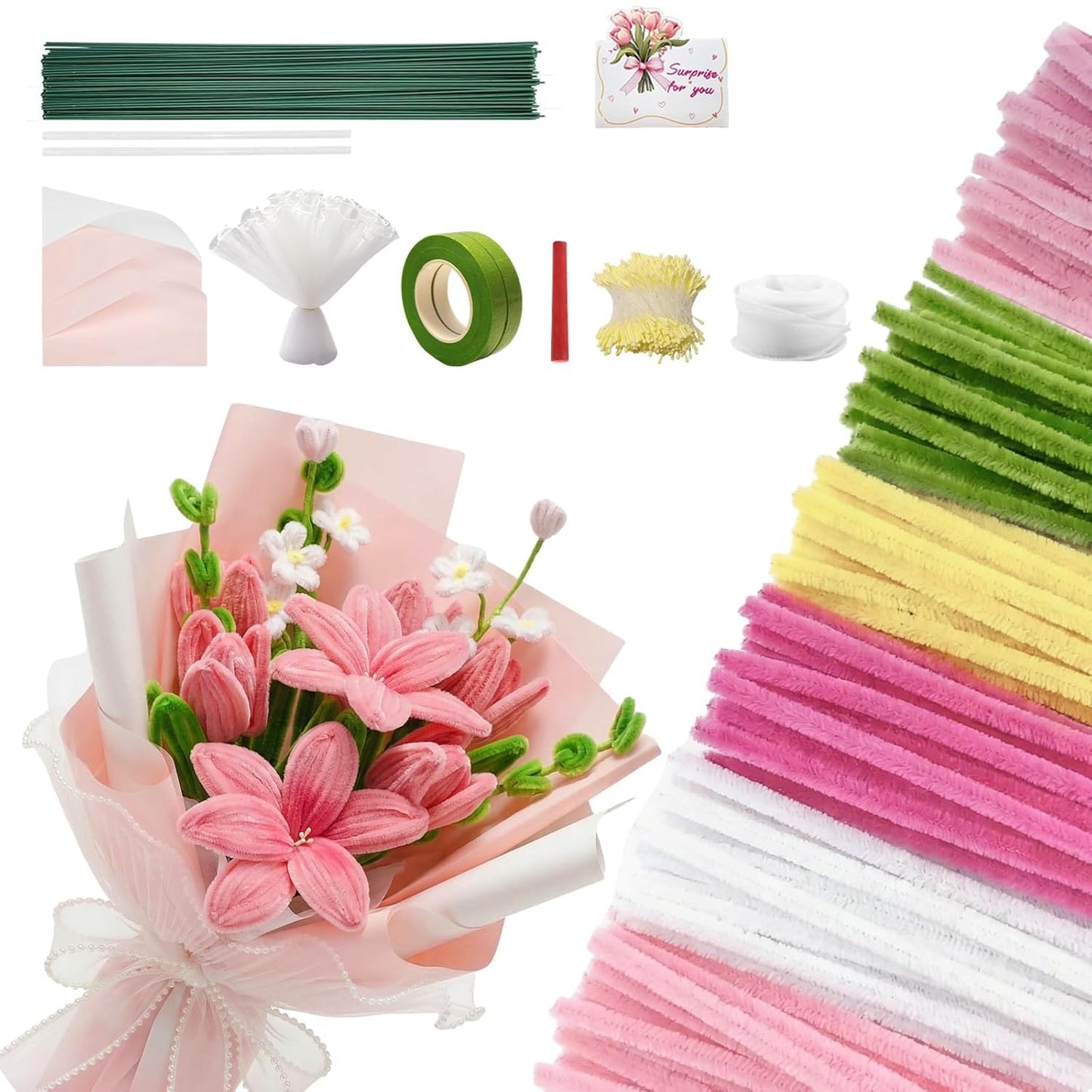 1800 PCS Pipe Cleaners Craft, 6 Colors Pipe Cleaner Bulk Flower Kit, Chenille Stems Bulk with Floral Wires, Gardening Tape, Stamen, Wrapping Paper & Ribbon, DIY Art and Craft Supplies - Pink Gradient