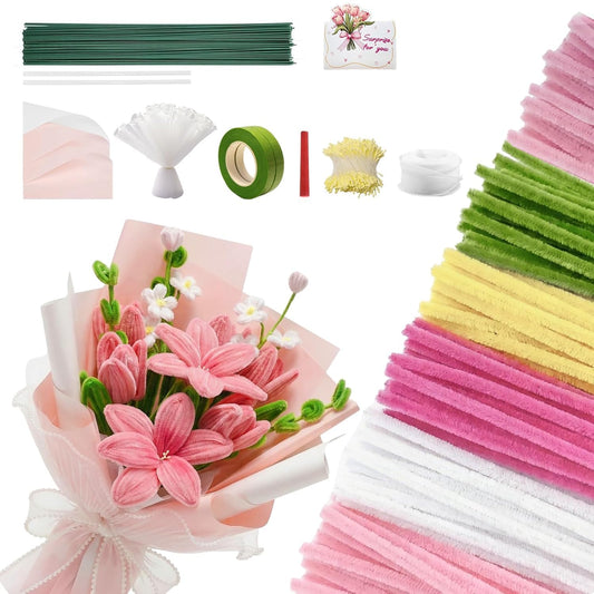 1800 PCS Pipe Cleaners Craft, 6 Colors Pipe Cleaner Bulk Flower Kit, Chenille Stems Bulk with Floral Wires, Gardening Tape, Stamen, Wrapping Paper & Ribbon, DIY Art and Craft Supplies - Pink Gradient