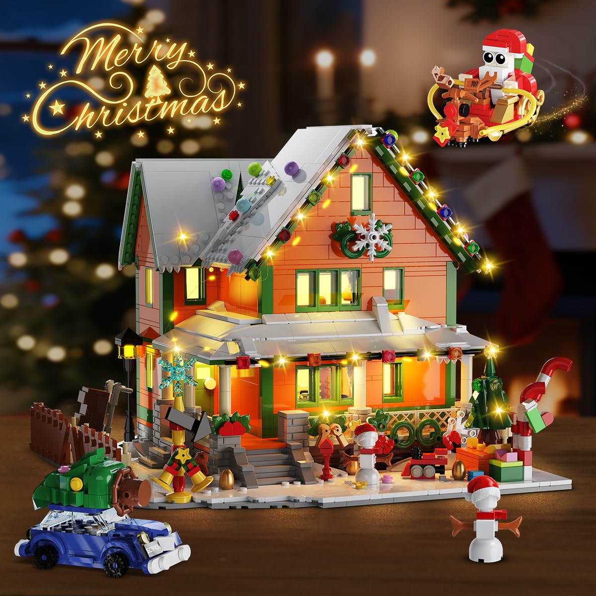 INSOON Advent Calendar 2025 Christmas House Mini Building Set with Light, 24 Days Countdown Snow Village Building Block Kit with Santa Claus Sleigh, Holiday Building Toy Gift for Adults Boys Girls 14+