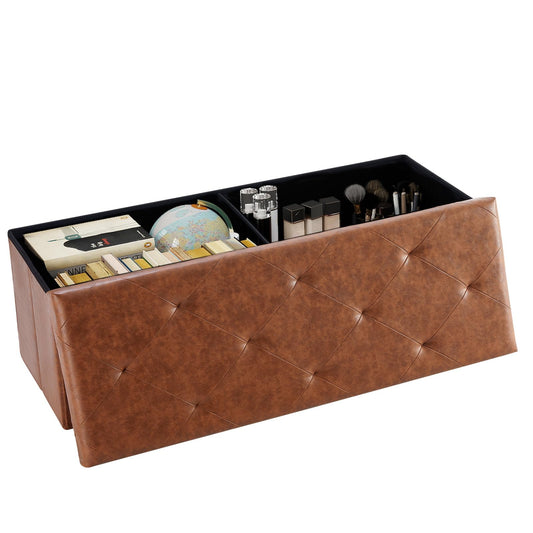 DUMOS Foldable Storage Ottoman Bench 43in, Foot Rest Stool, Synthetic Leather Storage Chest with Thicker Foam Padded Seat for Entryway Living Room, Modern Brown