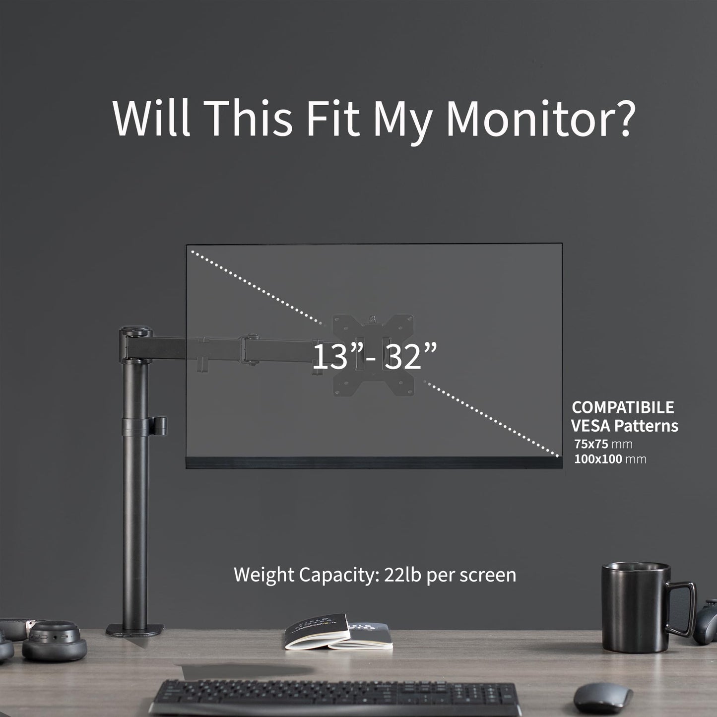 VIVO Single Monitor Arm Desk Mount, Holds Screens up to 32 inch Regular and 38 inch Ultrawide, Fully Adjustable Stand with C-Clamp and Grommet Base, VESA 75x75mm or 100x100mm, Black, STAND-V001