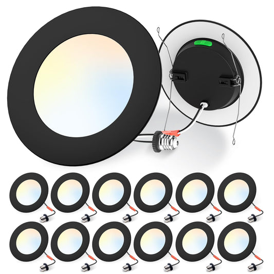 ALUSSO LIGHTING 12 Pack 5/6 Inch Retrofit LED Recessed Lighting, High Brightness 12W 1100LM Ultra Flat Can Lights, 5CCT Selectable 2700K/3000K/4000K/5000K/6000K Downlight Dimmable, Damp Rated, Black