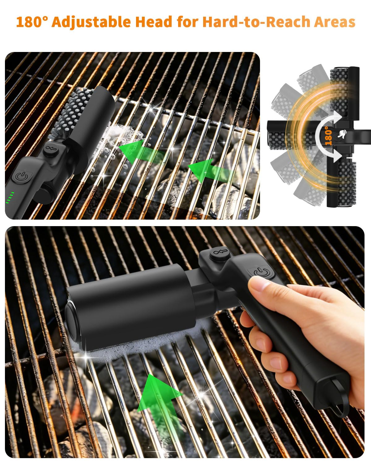 ZEYEGOY Electric Grill Brush, 3-Speed Rotary BBQ Cleaning Tool with 180° Adjustable Head,90-Minute Runtime,USB-C Rechargeable,Stainless Steel Bristle Brush for Gas,Charcoal and Ceramic Grills