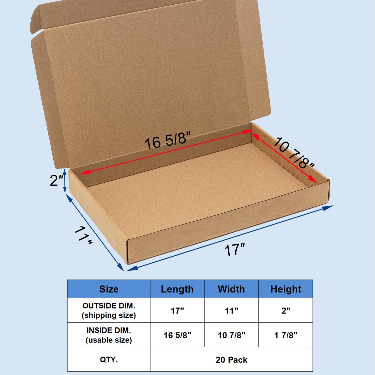 Wowxyz Shipping Boxes 17x11x2" 20 Pack - Brown Corrugated Cardboard Mailing Box for Small Business, Kraft Medium Literature Mailer Packaging Supplies