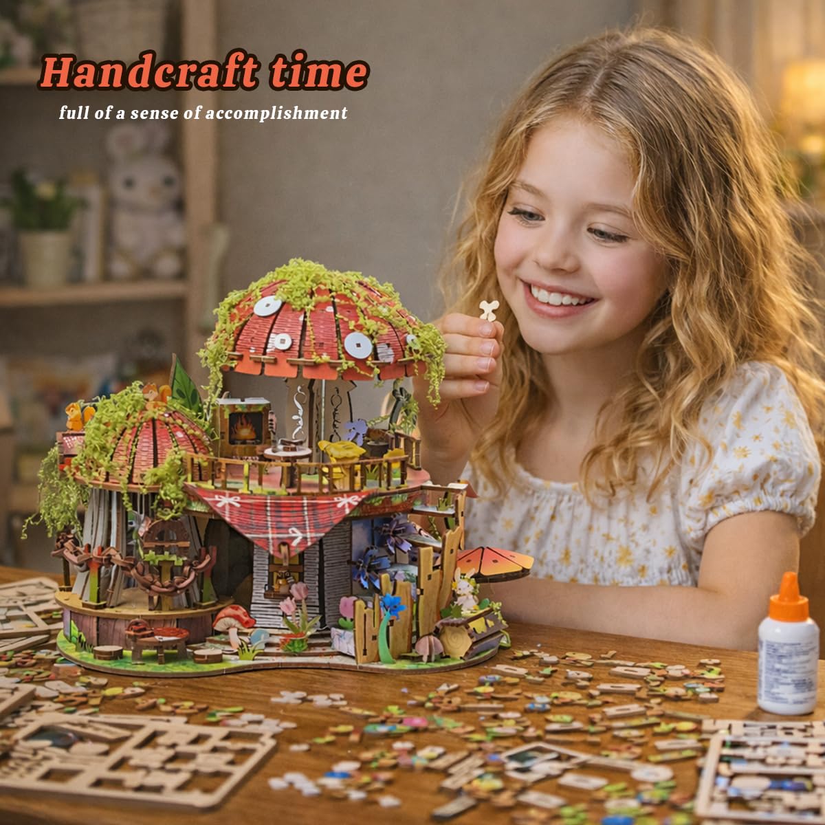 Garden Mushroom Dollhouse Book Nook Kit, DIY Miniature Wooden 3D Puzzle Dollhouse, Fantasy Bookshelf Decor Craft Building Set, Home Shelf Decoration for Adults & Teens, with String Light Edition