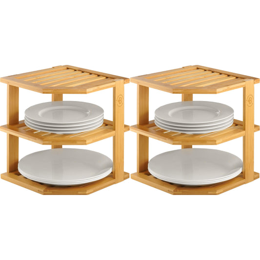 2-Pack Plate Organizer for Cabinet - Bamboo Corner Shelf for Kitchen or Bathroom Storage, Space-Saving Rack for Dishes, Countertop, Cabinet, Pantry - Organization & Housewarming Gift